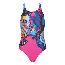 Arena Girls Cross Racerback One-Piece (freesia/rose, yellow star) - Olym's Swim Shop